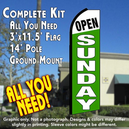 OPEN SUNDAY (White/Green) Flutter Feather Banner Flag Kit (Flag, Pole, & Ground Mt)