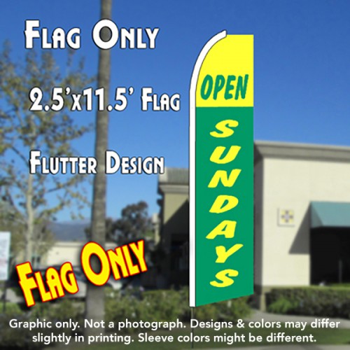 OPEN SUNDAYS (Green/Yellow) Flutter Feather Banner Flag (11.5 x 2.5 Feet)