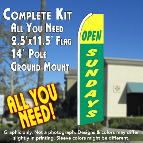 OPEN SUNDAYS (Green/Yellow) Flutter Feather Banner Flag Kit (Flag, Pole, & Ground Mt)