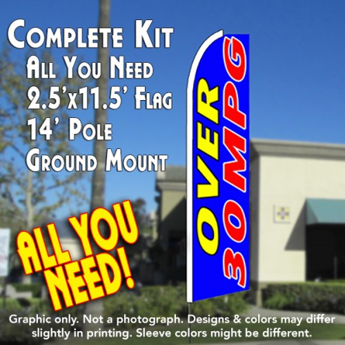 OVER 30 MPG (Blue) Flutter Feather Banner Flag Kit (Flag, Pole, & Ground Mt)
