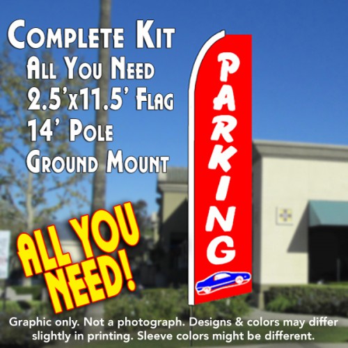 PARKING (Red) Flutter Feather Banner Flag Kit (Flag, Pole, & Ground Mt)