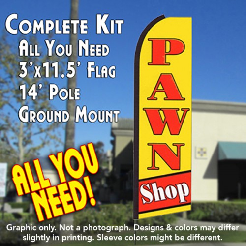 PAWN SHOP Buy Sell Loan (Red/Yellow) Flutter Feather Banner Flag Kit (Flag, Pole, & Ground Mt)