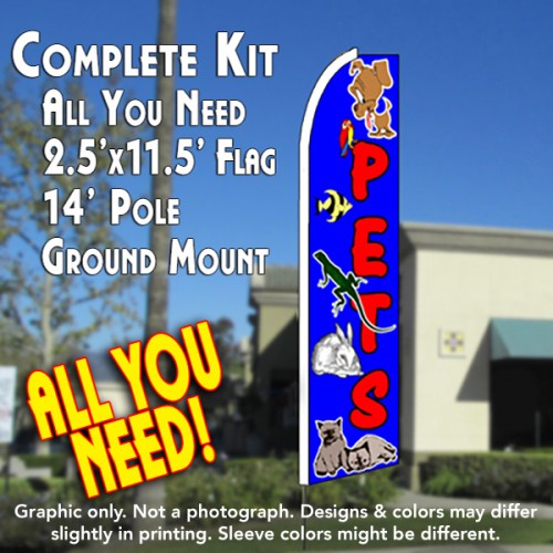 PETS (Blue) Flutter Feather Banner Flag Kit (Flag, Pole, & Ground Mt)