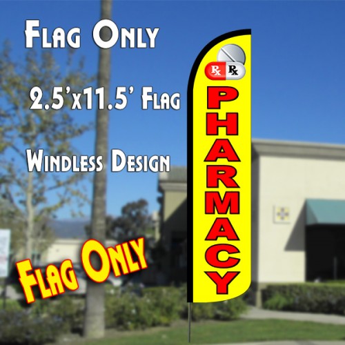 PHARMACY (Yellow/Red) Windless Polyknit Feather Flag (2.5 x 11.5 feet)
