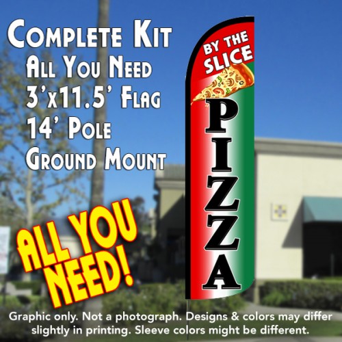 Pizza By The Slice (Tri-color/Black) Windless Feather Banner Flag Kit (Flag, Pole, & Ground Mt)