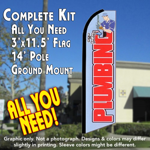 PLUMBING (Blue) Flutter Feather Banner Flag Kit (Flag, Pole, & Ground Mt)