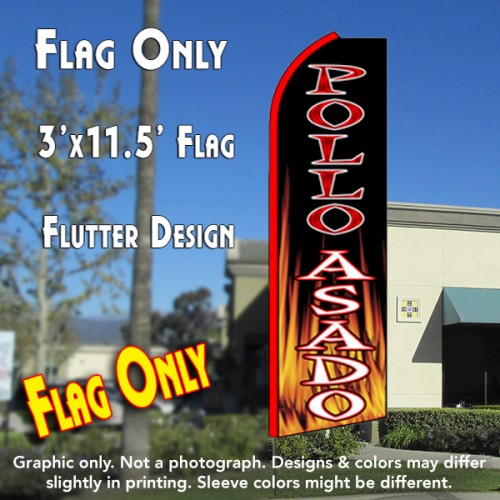 POLLO ASADO (Black/Flames) Flutter Feather Banner Flag (11.5 x 3 Feet)