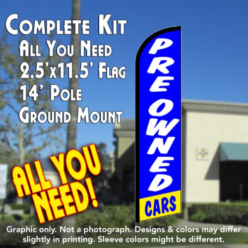 PRE-OWNED CARS (Blue)) Windless Feather Banner Flag Kit (Flag, Pole, & Ground Mt)