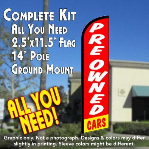 PRE-OWNED CARS (Red) Windless Feather Banner Flag Kit (Flag, Pole, & Ground Mt)