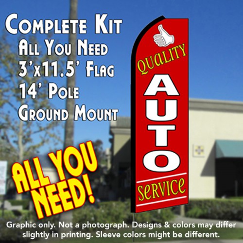 QUALITY AUTO SERVICE (Red) Flutter Feather Banner Flag Kit (Flag, Pole, & Ground Mt)