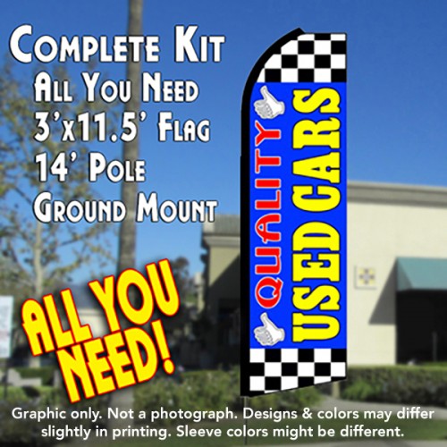 QUALITY USED CARS (Blue/Checkered) Flutter Feather Banner Flag Kit (Flag, Pole, & Ground Mt)