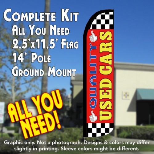QUALITY USED CARS (Red) Windless Feather Banner Flag Kit (Flag, Pole, & Ground Mt)