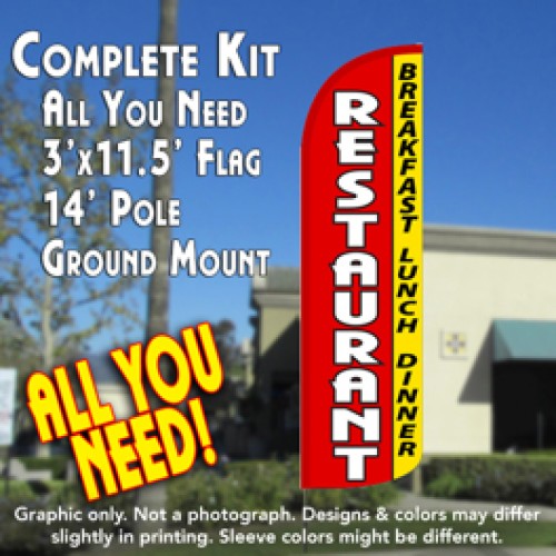 Restaurant (Breakfast Lunch Dinner) Windless Feather Banner Flag Kit (Flag, Pole, & Ground Mt)