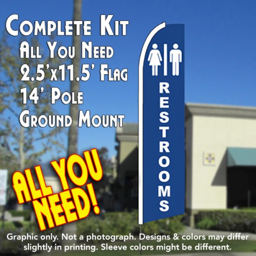 RESTROOMS (Blue) Flutter Feather Banner Flag Kit (Flag, Pole, & Ground Mt)