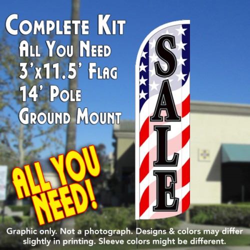 Sale (Patriotic Waves) Windless Feather Banner Flag Kit (Flag, Pole, & Ground Mt)