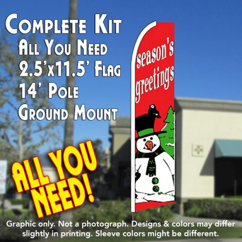 Season's Greetings (Red/Snowman) Flutter Feather Banner Flag Kit (Flag, Pole, & Ground Mt)