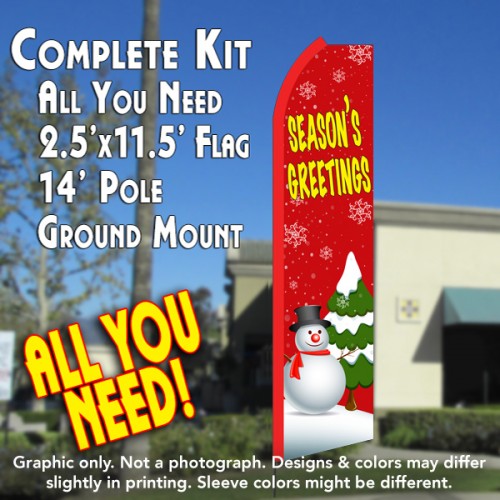 SEASON'S GREETINGS (Red/Snowman) Flutter Feather Banner Flag Kit (Flag, Pole, & Ground Mt)