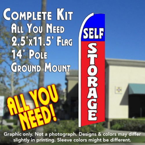 SELF STORAGE (Blue/Red) Flutter Feather Banner Flag Kit (Flag, Pole, & Ground Mt)