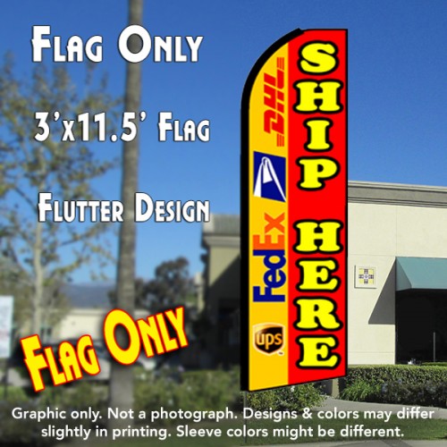 SHIP HERE (Yellow/Red) Flutter Feather Banner Flag (11.5 x 3 Feet)