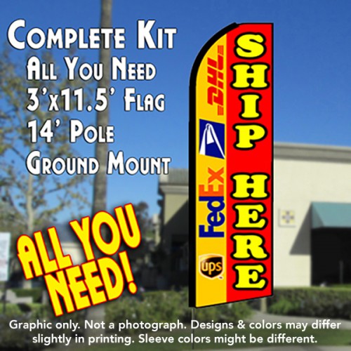 SHIP HERE (Yellow/Red) Flutter Feather Banner Flag Kit (Flag, Pole, & Ground Mt)