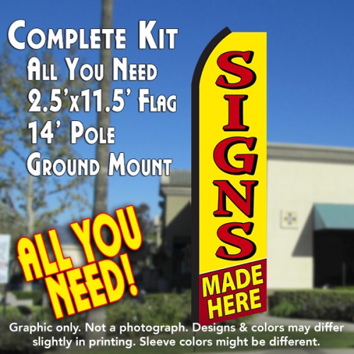 SIGNS MADE HERE (Yellow/Red) Flutter Feather Banner Flag Kit (Flag, Pole, & Ground Mt)
