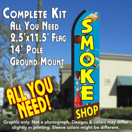 SMOKE SHOP (Blue/Yellow) Flutter Feather Banner Flag Kit (Flag, Pole, & Ground Mt)
