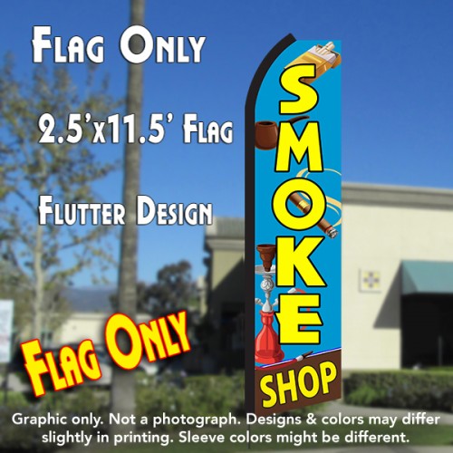 SMOKE SHOP (Blue/Yellow) Flutter Polyknit Feather Flag (11.5 x 2.5 feet)