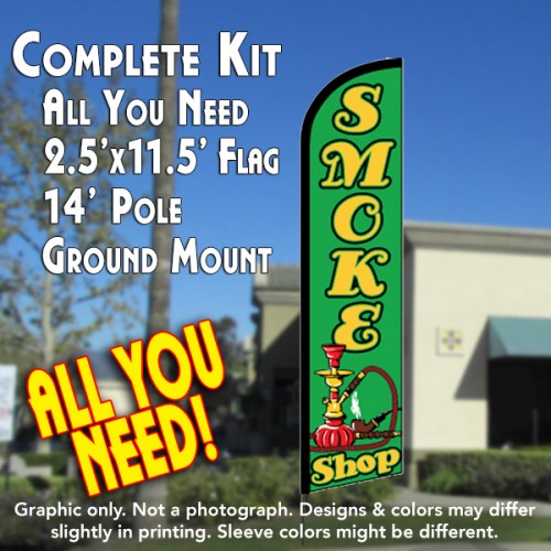 SMOKE SHOP (Green) Windless Feather Banner Flag Kit (Flag, Pole, & Ground Mt)