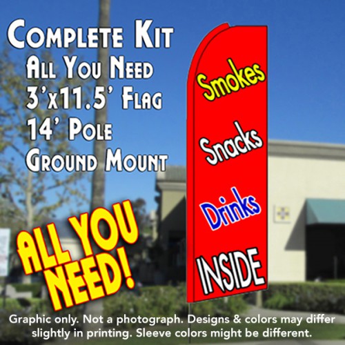 SMOKES SNACKS DRINKS (Red) Flutter Feather Banner Flag Kit (Flag, Pole, & Ground Mt)
