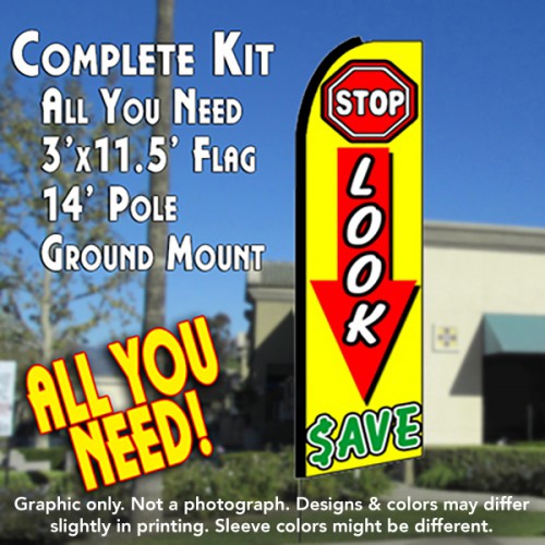 STOP LOOK SAVE (Yellow/Green) Flutter Feather Banner Flag Kit (Flag, Pole, & Ground Mt)