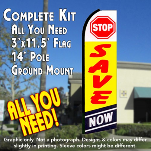 STOP SAVE NOW (Yellow/Blue) Flutter Feather Banner Flag Kit (Flag, Pole, & Ground Mt)