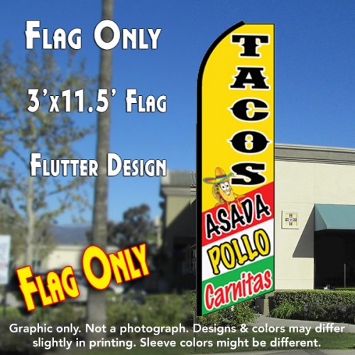 TACOS ASADA, POLLO, CARNITAS (Yellow) Flutter Feather Banner Flag (11.5 x 3 Feet)