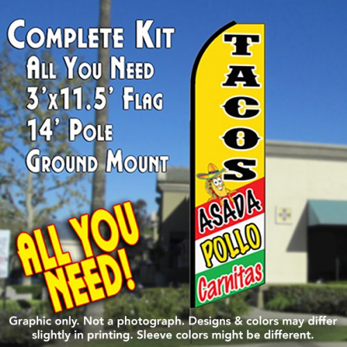 TACOS ASADA, POLLO, CARNITAS (Yellow) Flutter Feather Banner Flag Kit (Flag, Pole, & Ground Mt)
