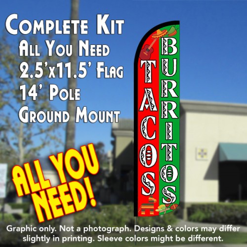 TACOS BURRITOS (Red/Green) Windless Feather Banner Flag Kit (Flag, Pole, & Ground Mt)