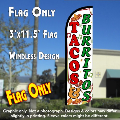 Tacos & Burritos (White) Windless Polyknit Feather Flag (3 x 11.5 feet)