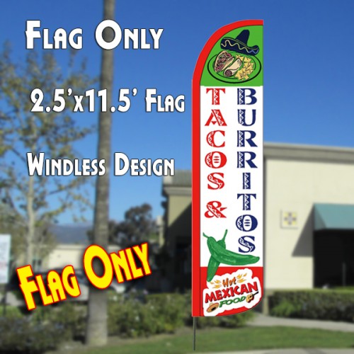 TACOS & BURRITOS Windless Polyknit Feather Flag (2.5 x 11.5 feet)