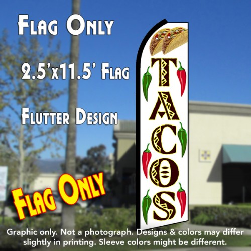 TACOS (White/Yellow) Flutter Polyknit Feather Flag (11.5 x 2.5 feet)