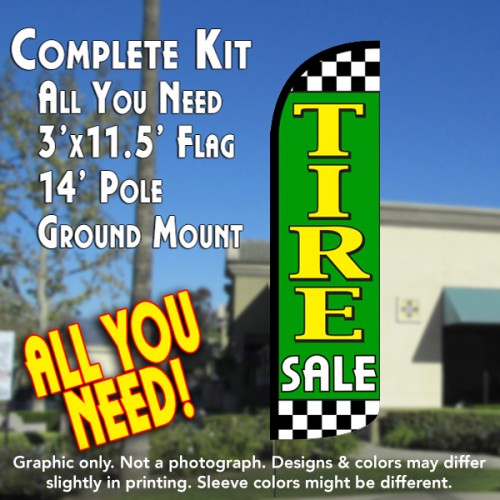Tire Sale (Lime/Checkered) Windless Feather Banner Flag Kit (Flag, Pole, & Ground Mt)