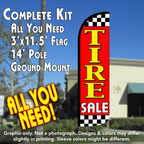 Tire Sale (Red/Checkered) Windless Feather Banner Flag Kit (Flag, Pole, & Ground Mt)