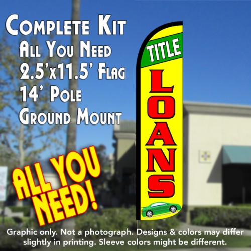 TITLE LOANS (Green/Yellow) Windless Feather Banner Flag Kit (Flag, Pole, & Ground Mt)