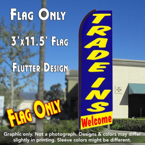TRADE INS WELCOME (Blue/Yellow) Flutter Feather Banner Flag (11.5 x 3 Feet)