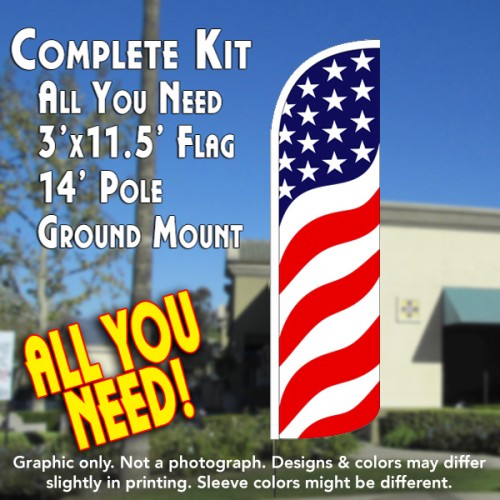 US Flag Pattern (Waves) Windless Feather Banner Flag Kit (Flag, Pole, & Ground Mt)