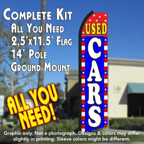 USED CARS (Blue/White/Stars) Flutter Feather Banner Flag Kit (Flag, Pole, & Ground Mt)