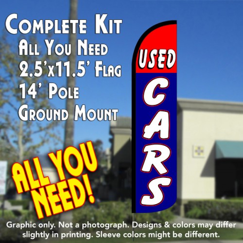 USED CARS (Red/Blue) Windless Feather Banner Flag Kit (Flag, Pole, & Ground Mt)