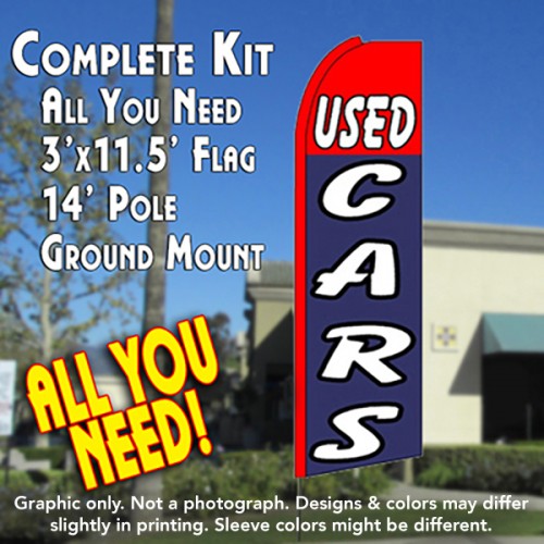USED CARS (Red/Blue) Flutter Feather Banner Flag Kit (Flag, Pole, & Ground Mt)