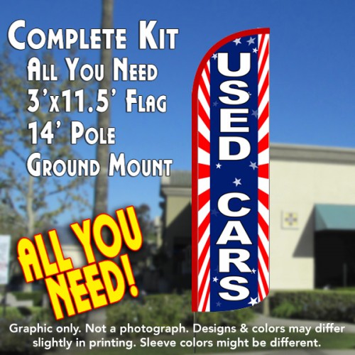 Used Cars (Starburst) Windless Feather Banner Flag Kit (Flag, Pole, & Ground Mt)
