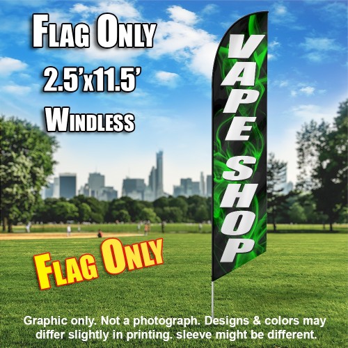 VAPE SHOP (Black/ green smoke white letters ) Windless Feather Banner Flag 