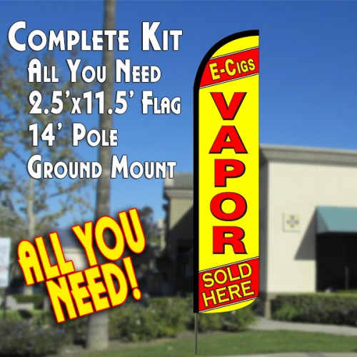 E-CIGS VAPOR SOLD HERE (Yellow/Red) Windless Feather Banner Flag Kit (Flag, Pole, & Ground Mt)
