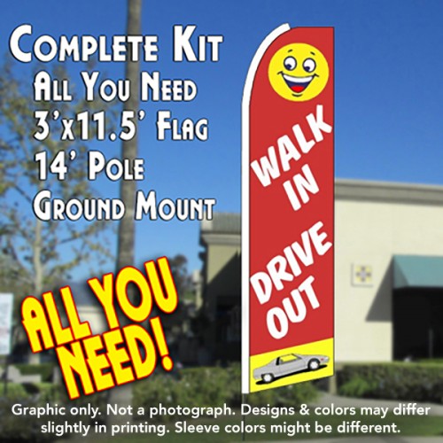 WALK IN DRIVE OUT (Red/Yellow) Flutter Feather Banner Flag Kit (Flag, Pole, & Ground Mt)
