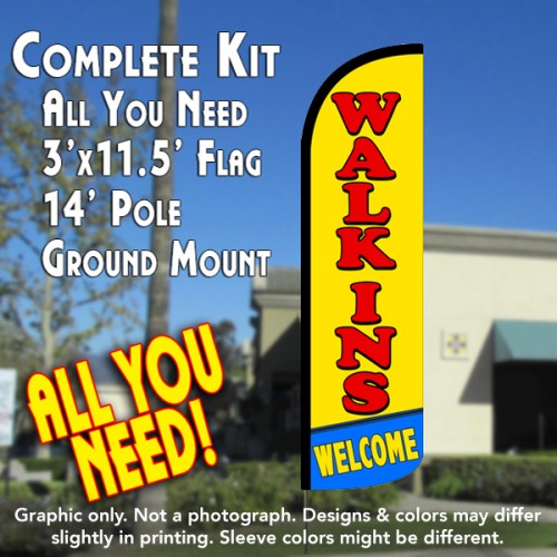 Walk-ins Welcome Windless Feather Banner Flag Kit (Flag, Pole, & Ground Mt)